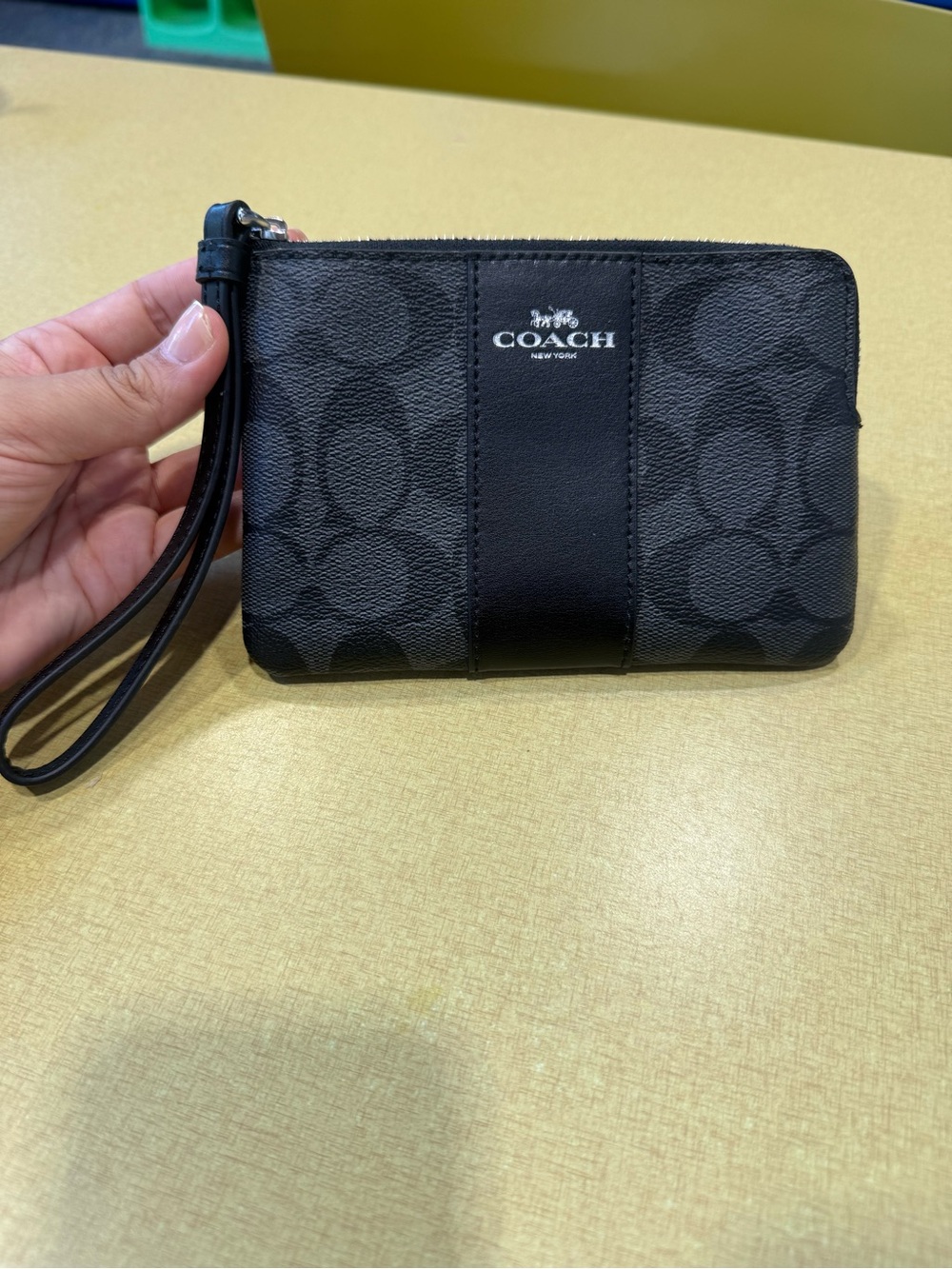 Coach Black Signature Wristlet with Leather Trim